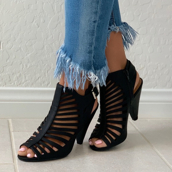 NIB Black Caged Peep Toe Cone Heel Ankle Bootie - Picture 7 of 7